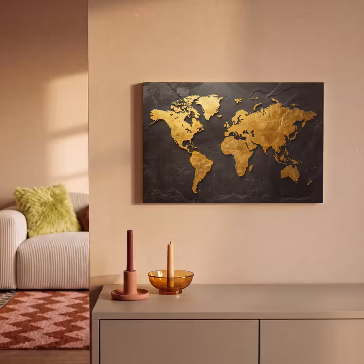 Wereldkaart - Goud - Steen canvas 2cm klein -sfeer1
