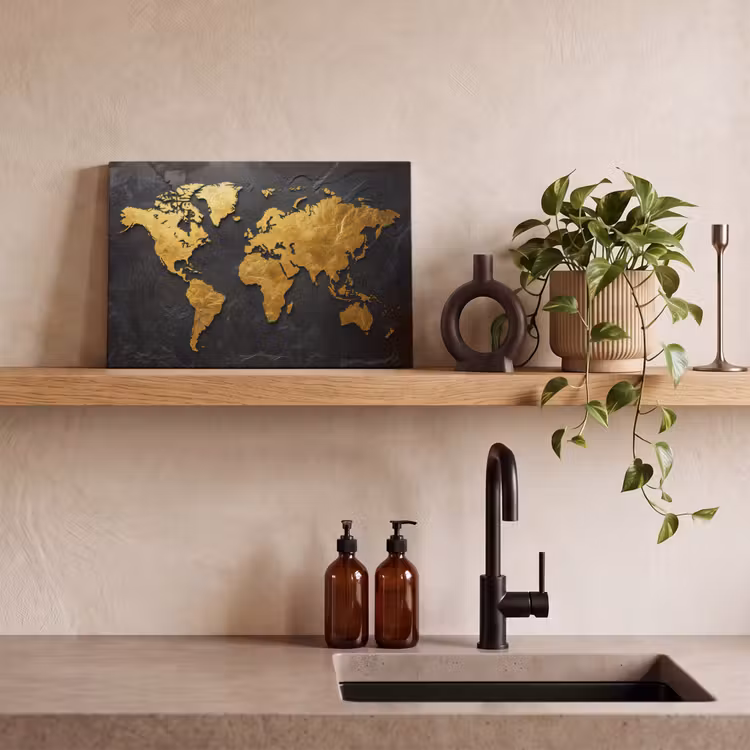 Wereldkaart - Goud - Steen canvas 2cm klein -sfeer6