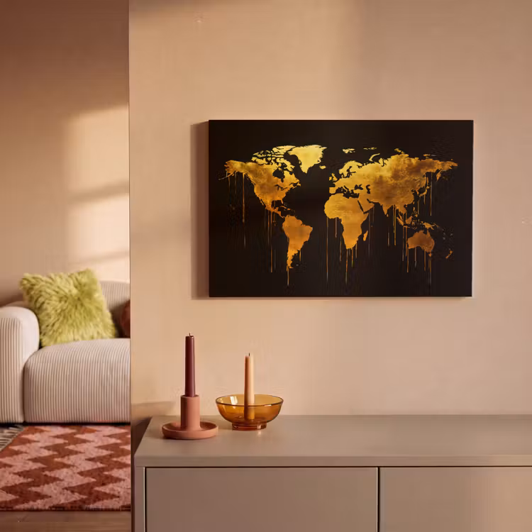 Wereldkaart - Goud - Druipen - Zwart canvas 2cm klein -sfeer1