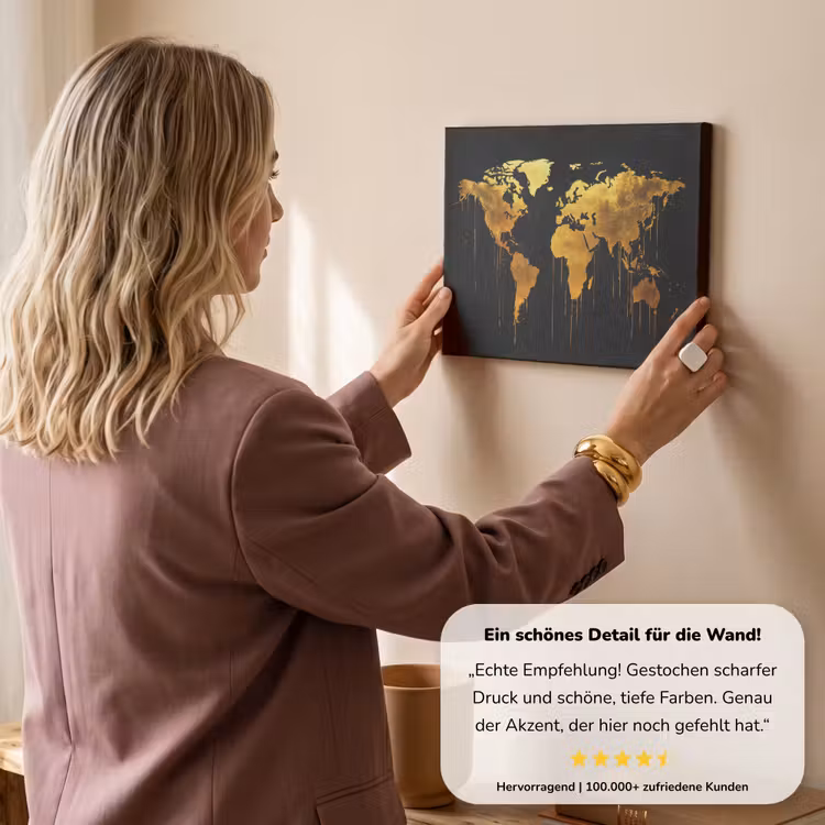 Wereldkaart - Goud - Druipen - Zwart canvas 2cm klein -Xsfeer7_DE