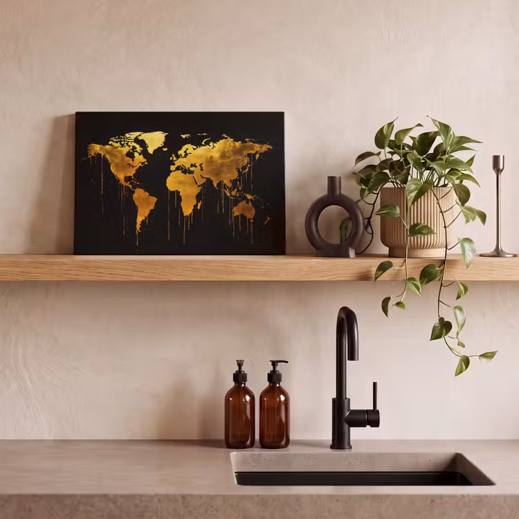 Wereldkaart - Goud - Druipen - Zwart canvas 2cm klein -sfeer3