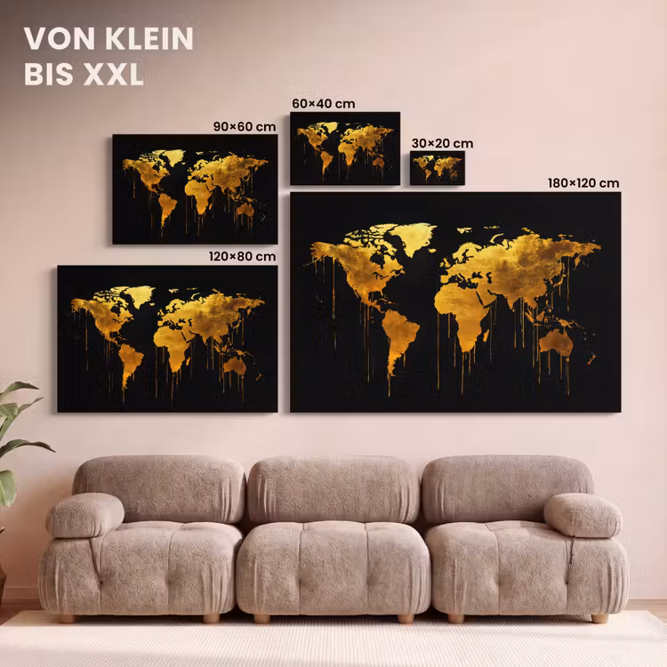 Wereldkaart - Goud - Druipen - Zwart canvas 2cm klein -Xsfeer8_DE