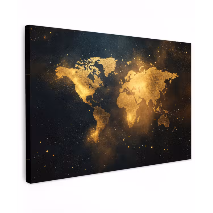 Wereldkaart - Gouden lichtpuntjes - Zwart canvas 2cm klein -z3d