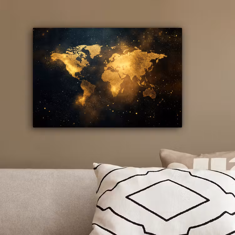 Wereldkaart - Gouden lichtpuntjes - Zwart canvas 2cm klein -sfeer3