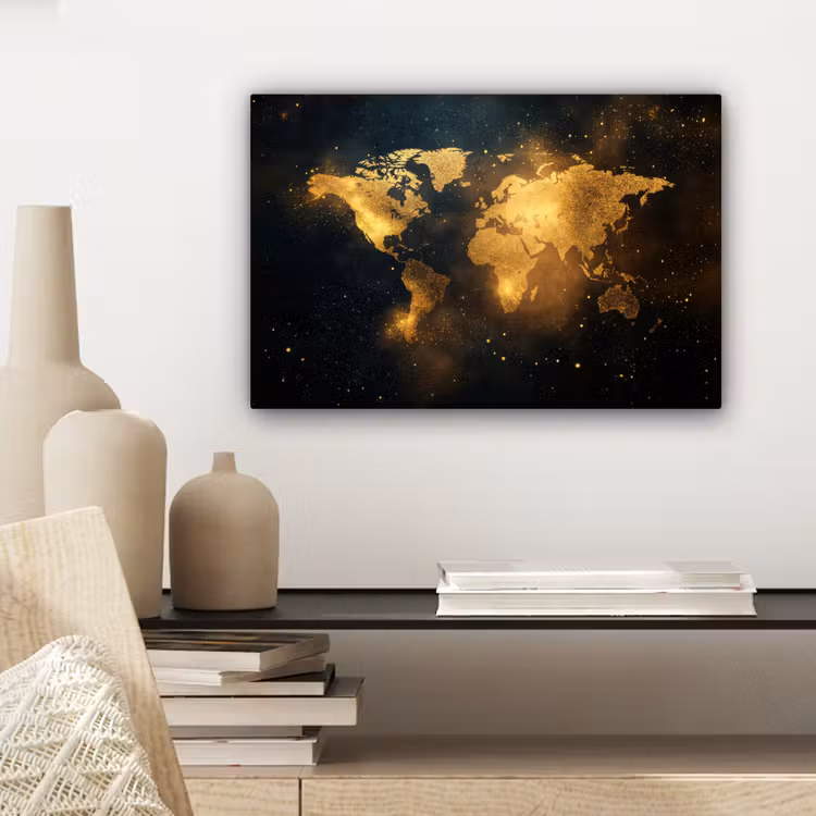 Wereldkaart - Gouden lichtpuntjes - Zwart canvas 2cm klein -sfeer6