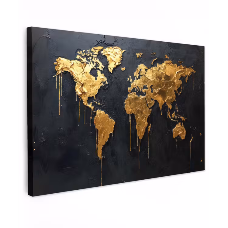 Wereldkaart - Gouden verf - Druppels - Zwart canvas 2cm klein -z3d