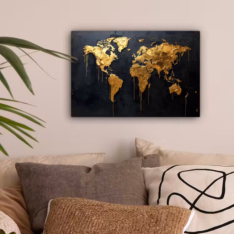 Wereldkaart - Gouden verf - Druppels - Zwart canvas 2cm klein -sfeer1