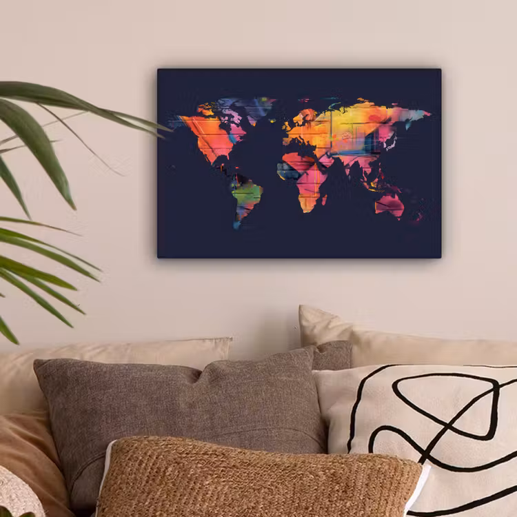 Wereldkaart - Graffiti - Blauw canvas 2cm klein -sfeer1