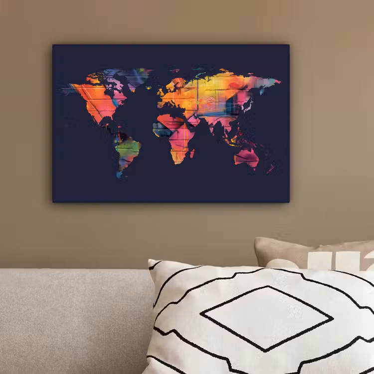 Wereldkaart - Graffiti - Blauw canvas 2cm klein -sfeer3