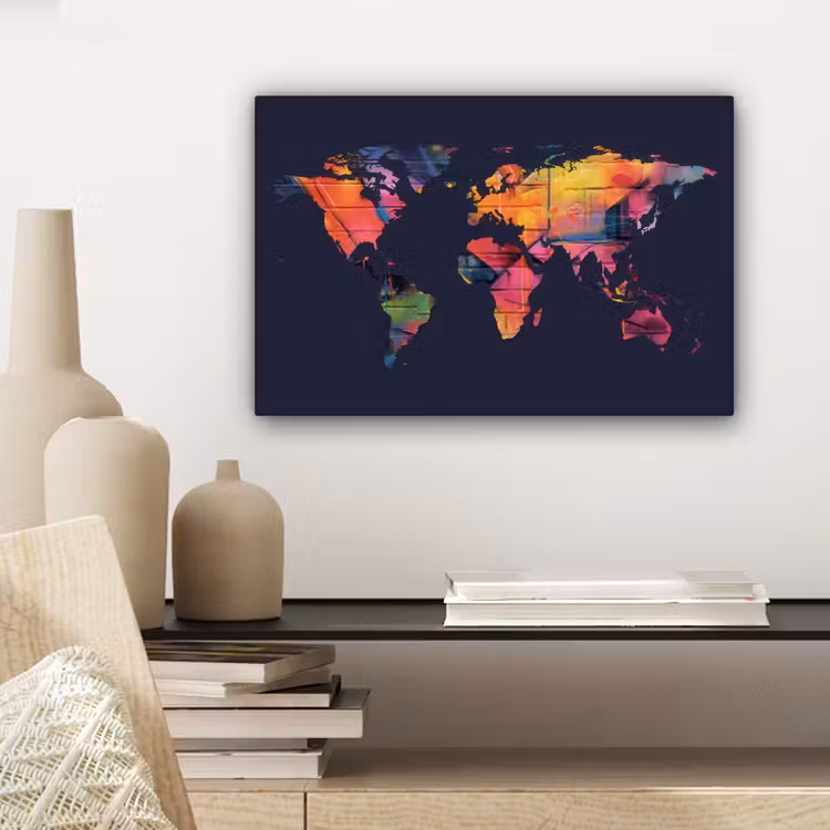 Wereldkaart - Graffiti - Blauw canvas 2cm klein -sfeer6