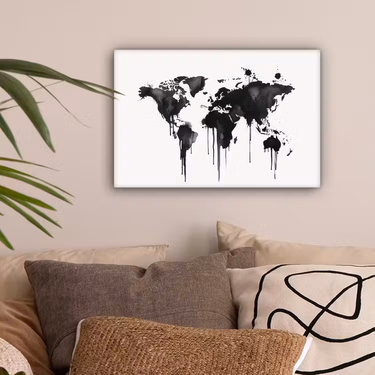 Wereldkaart - Graffiti - Zwart canvas 2cm klein -sfeer1
