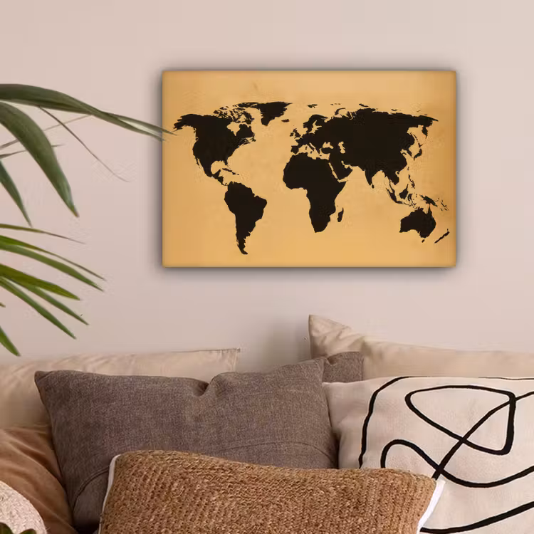 Wereldkaart - Grafisch - Zwart canvas 2cm klein -sfeer1