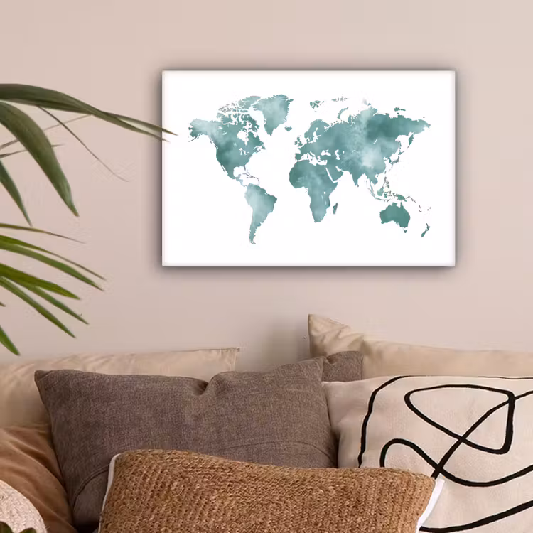 Wereldkaart - Grijsgroen - Kalm canvas 2cm klein -sfeer1