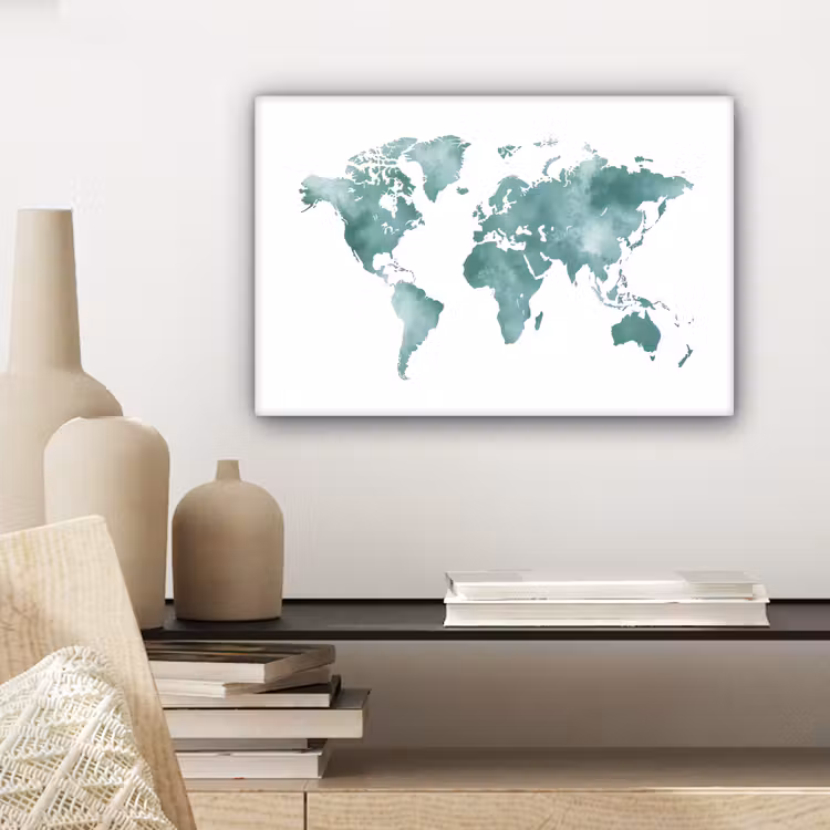 Wereldkaart - Grijsgroen - Kalm canvas 2cm klein -sfeer6