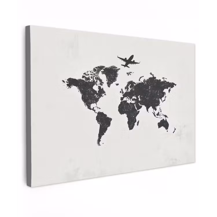 Wereldkaart - Grijs - Zwart - Vliegtuig canvas 2cm klein -z3d