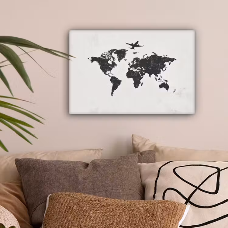 Wereldkaart - Grijs - Zwart - Vliegtuig canvas 2cm klein -sfeer1