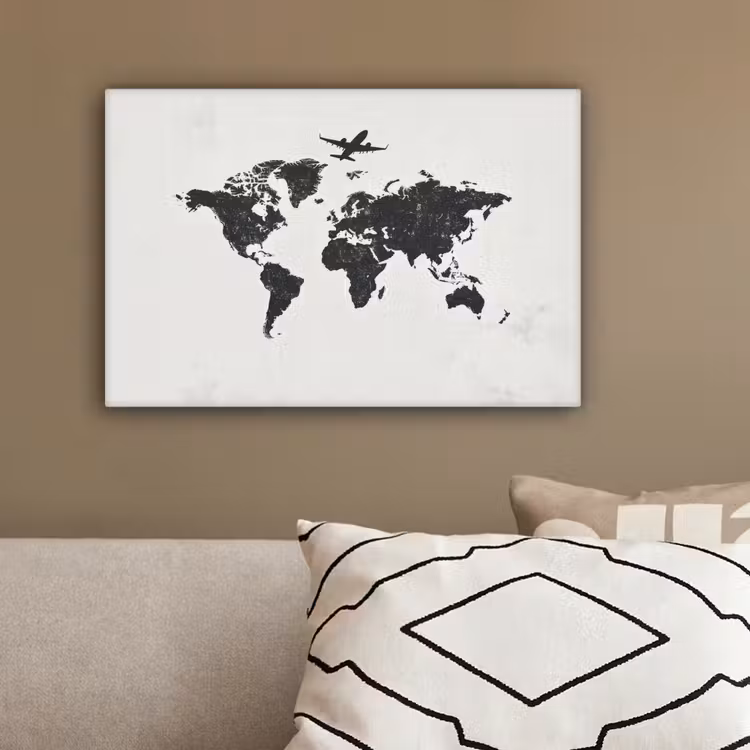 Wereldkaart - Grijs - Zwart - Vliegtuig canvas 2cm klein -sfeer3