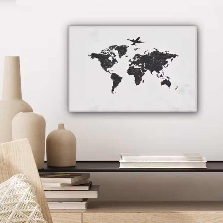 Wereldkaart - Grijs - Zwart - Vliegtuig canvas 2cm klein -sfeer6