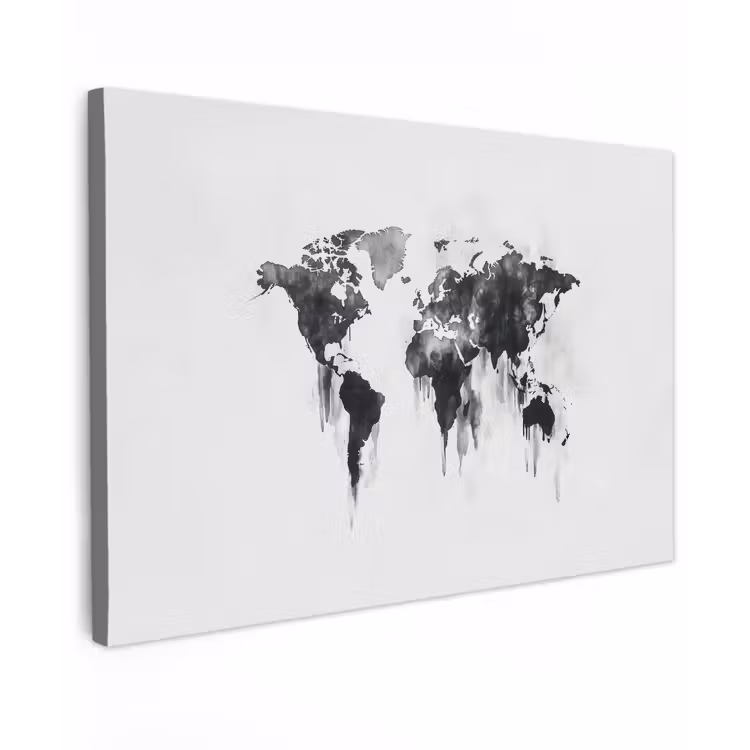 Wereldkaart - Grijs - Zwart - Inkt canvas 2cm klein -z3d