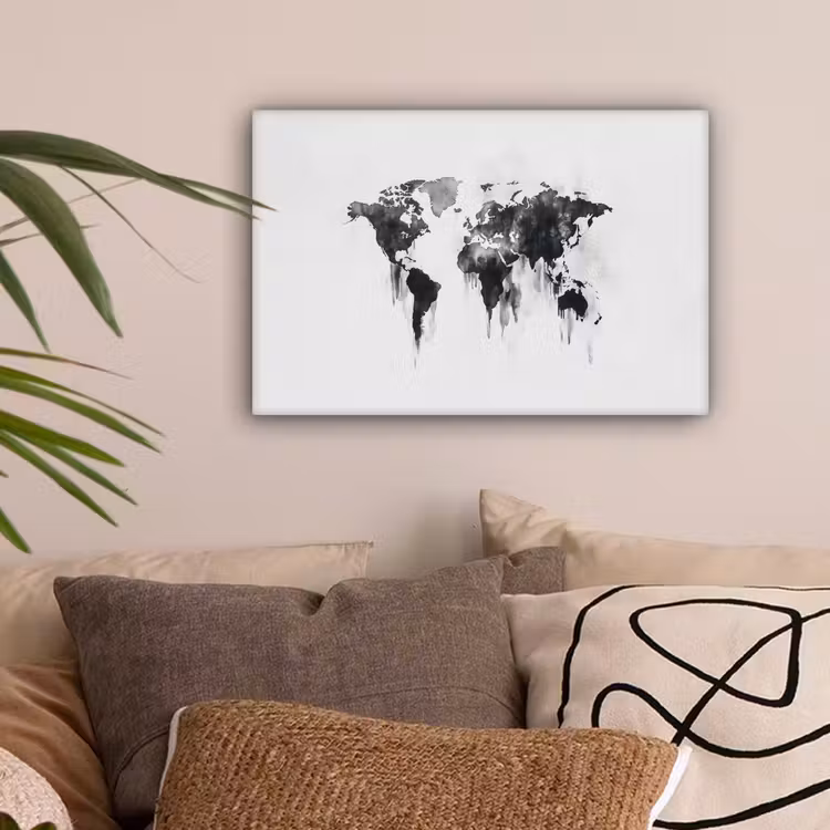 Wereldkaart - Grijs - Zwart - Inkt canvas 2cm klein -sfeer1