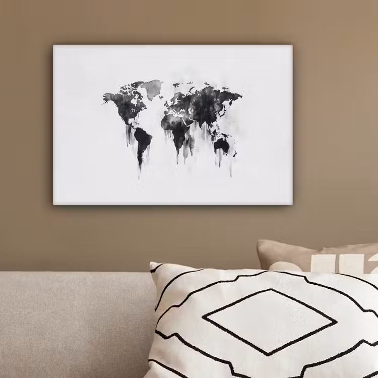 Wereldkaart - Grijs - Zwart - Inkt canvas 2cm klein -sfeer3