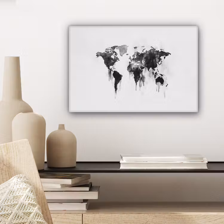 Wereldkaart - Grijs - Zwart - Inkt canvas 2cm klein -sfeer6