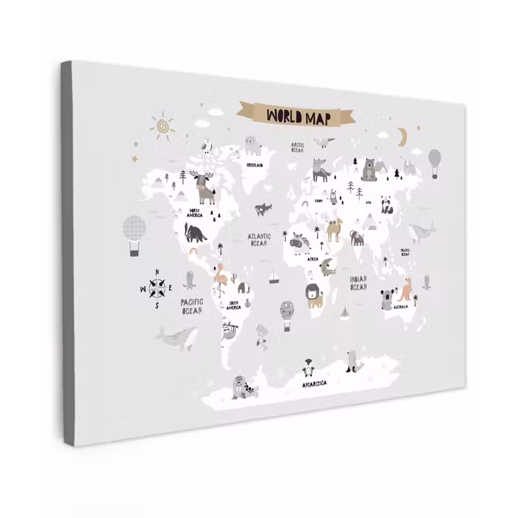 Wereldkaart - Grijs - Dieren canvas 2cm klein -z3d