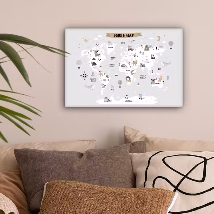Wereldkaart - Grijs - Dieren canvas 2cm klein -sfeer1
