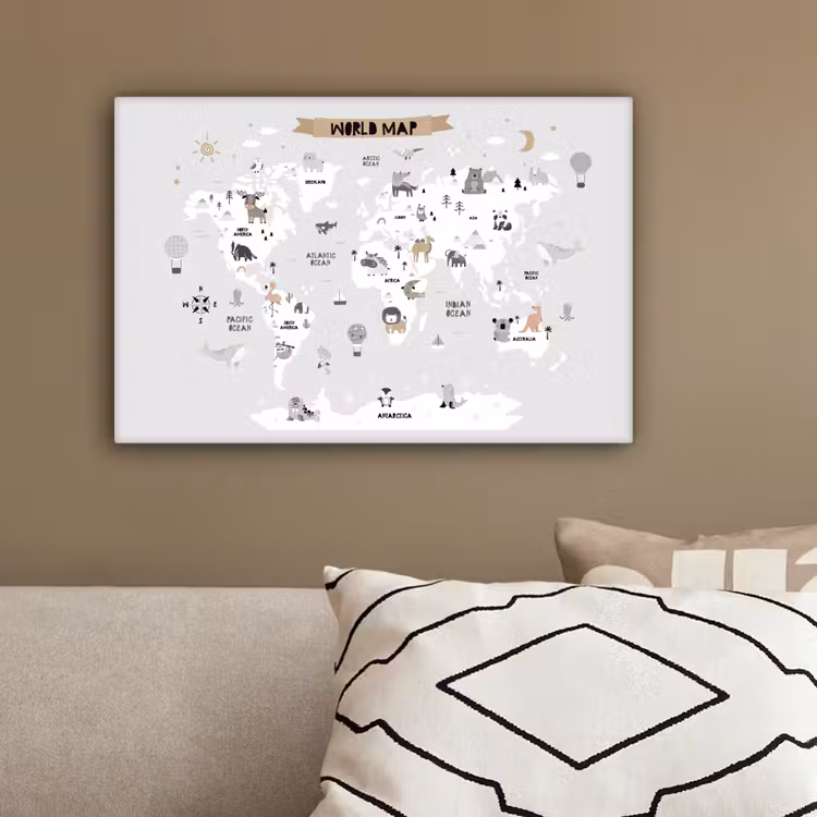 Wereldkaart - Grijs - Dieren canvas 2cm klein -sfeer3