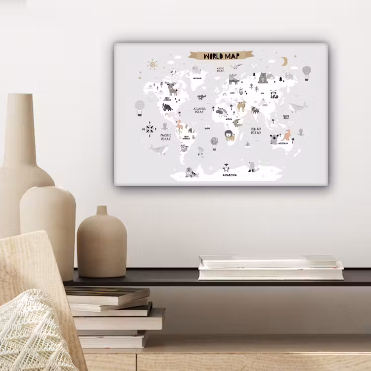Wereldkaart - Grijs - Dieren canvas 2cm klein -sfeer6