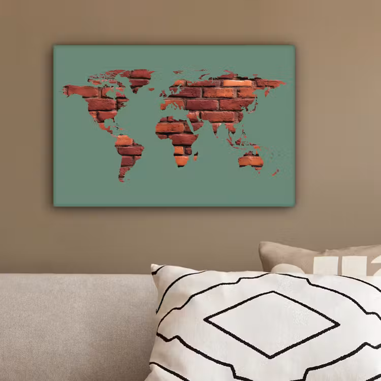 Wereldkaart - Groen - Baksteen canvas 2cm klein -sfeer3