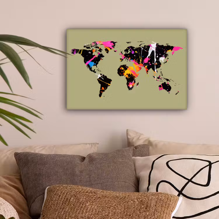 Wereldkaart - Groen - Verf canvas 2cm klein -sfeer1