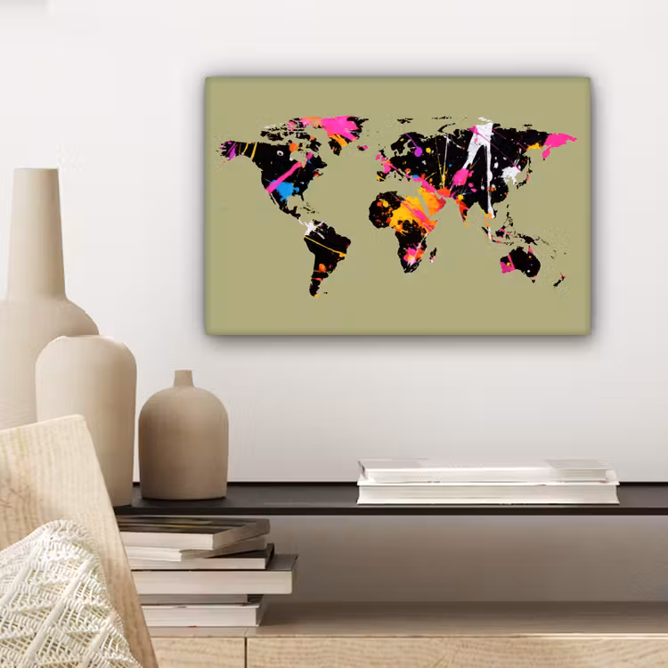 Wereldkaart - Groen - Verf canvas 2cm klein -sfeer6