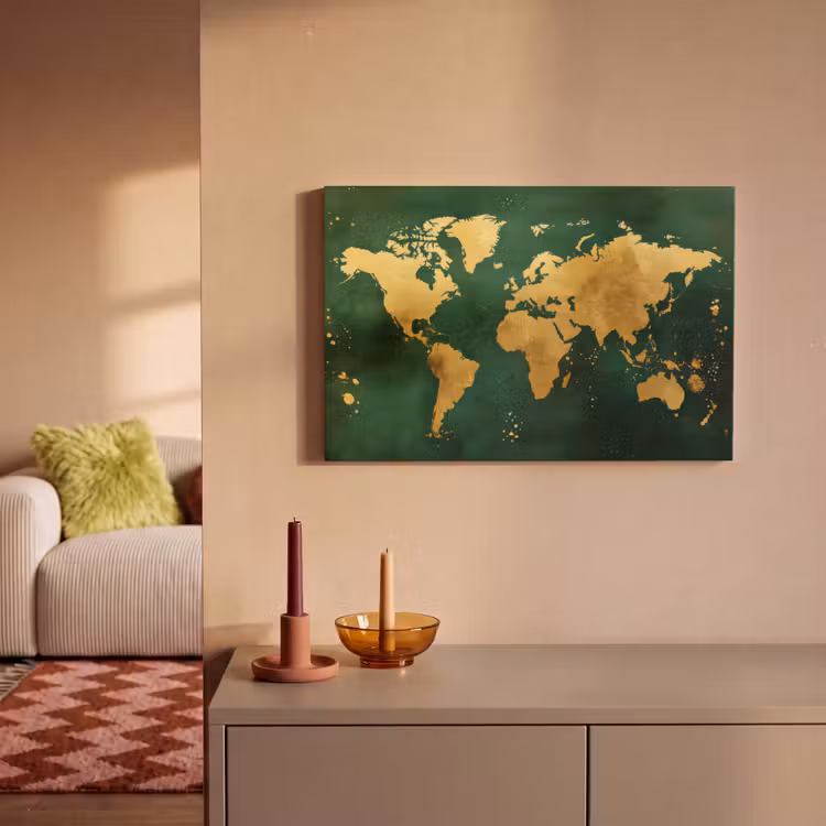 Wereldkaart - Groen - Goud canvas 2cm klein -sfeer1