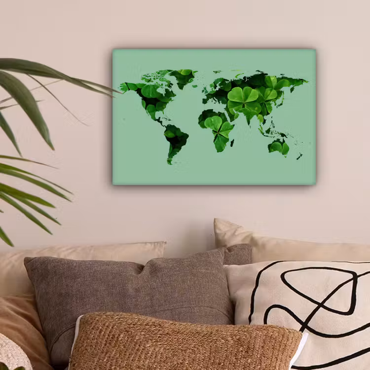 Wereldkaart - Groen - Klavertje vier canvas 2cm klein -sfeer1