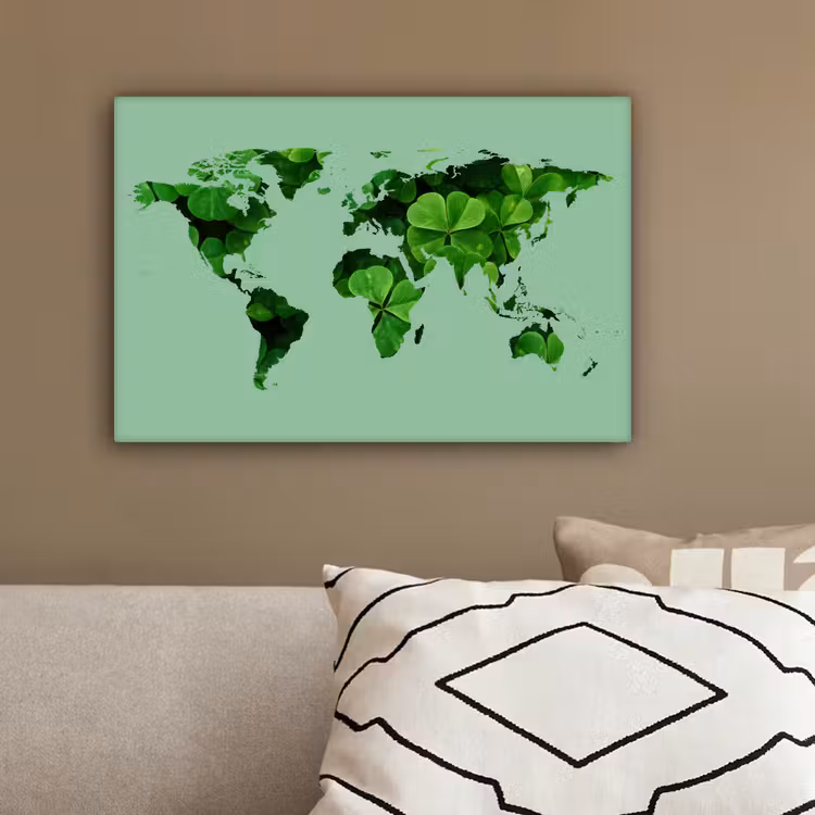 Wereldkaart - Groen - Klavertje vier canvas 2cm klein -sfeer3