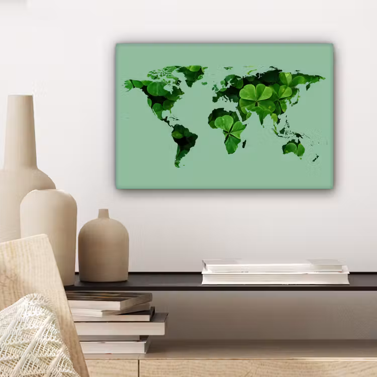 Wereldkaart - Groen - Klavertje vier canvas 2cm klein -sfeer6