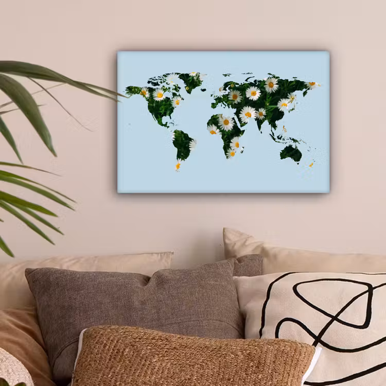 Wereldkaart - Lichtblauw - Madelief canvas 2cm klein -sfeer1