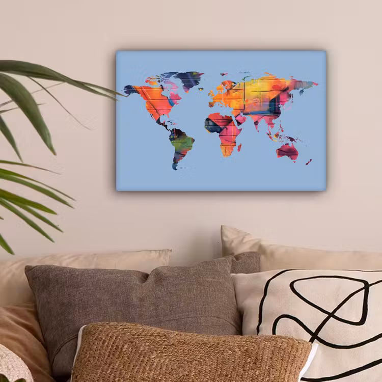 Wereldkaart - Lichtblauw - Graffiti canvas 2cm klein -sfeer1