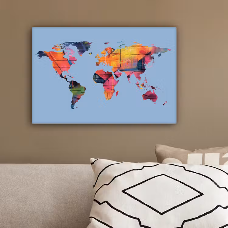 Wereldkaart - Lichtblauw - Graffiti canvas 2cm klein -sfeer3