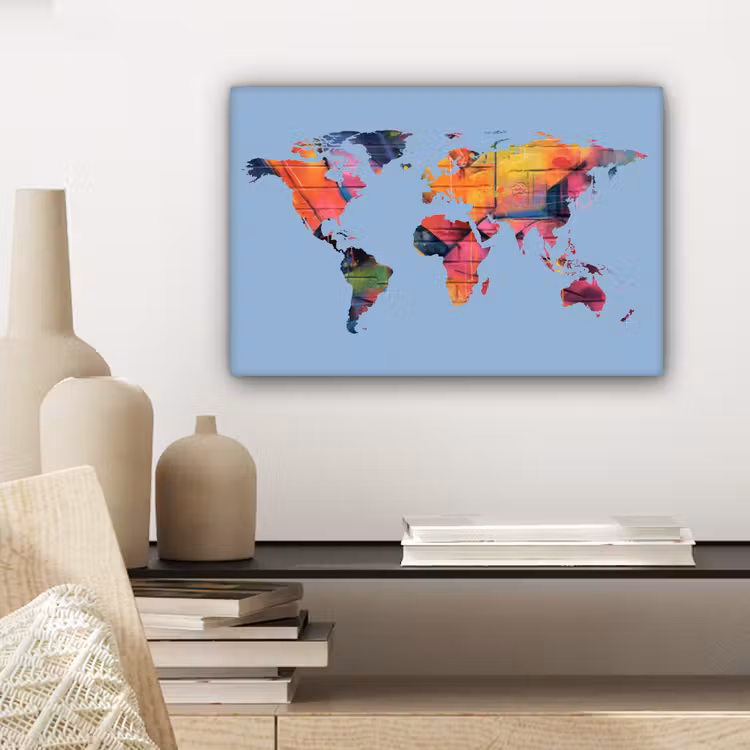 Wereldkaart - Lichtblauw - Graffiti canvas 2cm klein -sfeer6