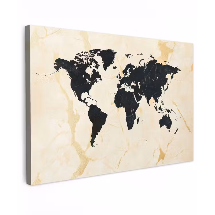 Wereldkaart - Licht marmer - Zwart canvas 2cm klein -z3d