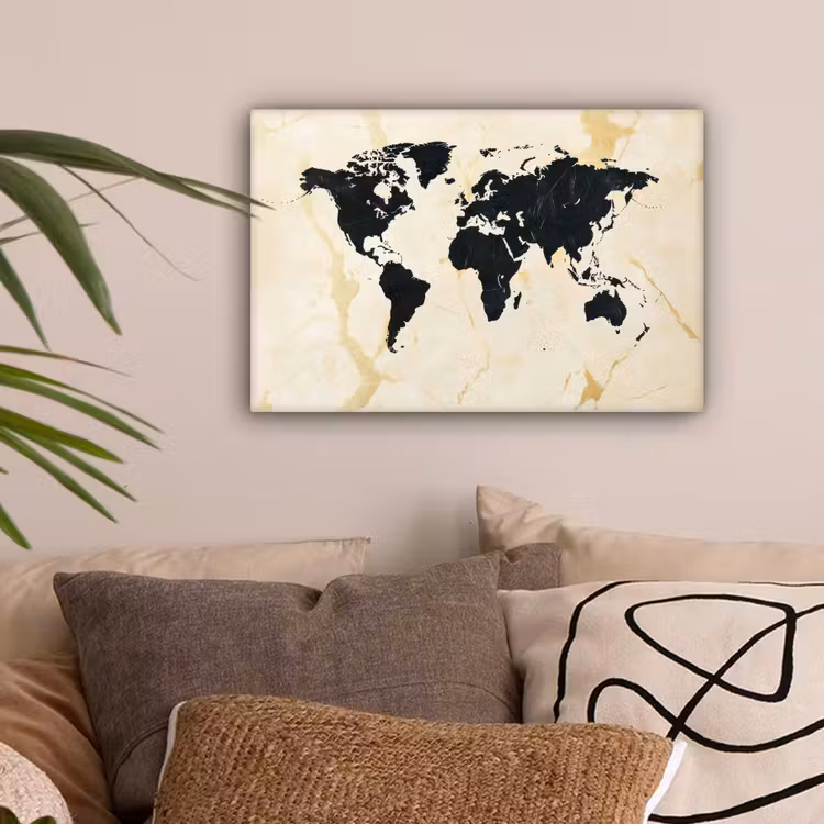 Wereldkaart - Licht marmer - Zwart canvas 2cm klein -sfeer1