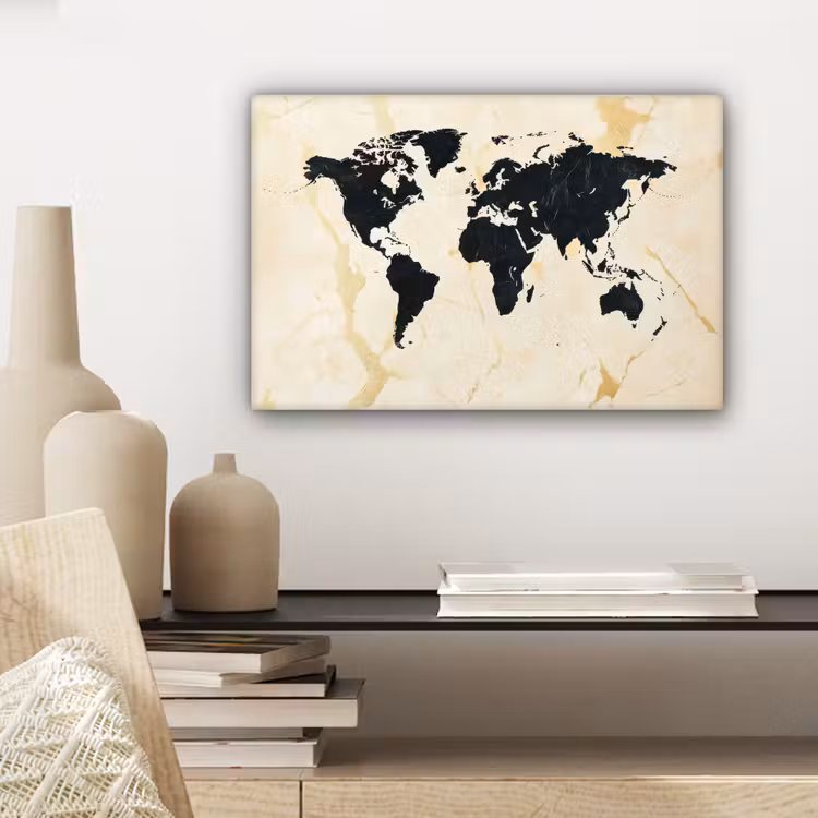 Wereldkaart - Licht marmer - Zwart canvas 2cm klein -sfeer6