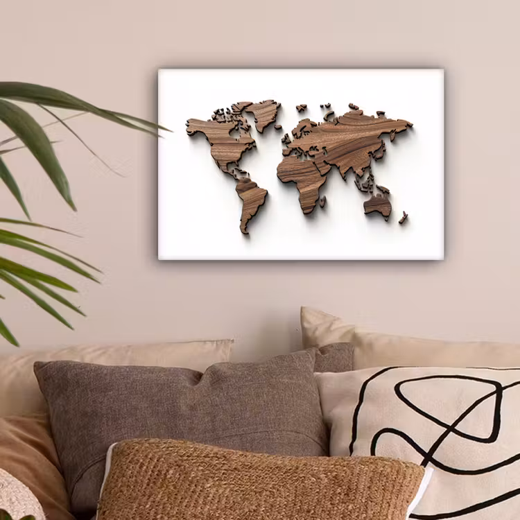 Wereldkaart - Hout - Elegant canvas 2cm klein -sfeer1