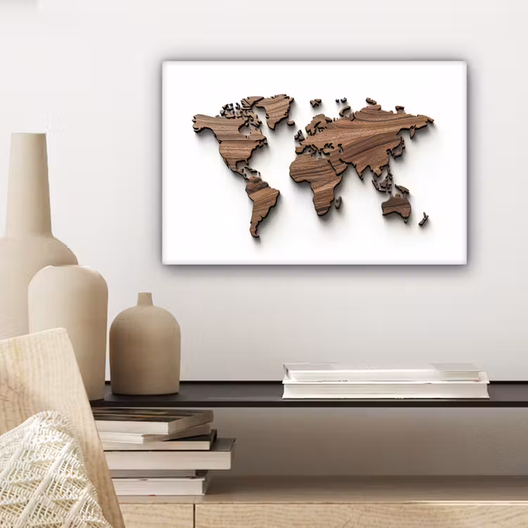 Wereldkaart - Hout - Elegant canvas 2cm klein -sfeer6