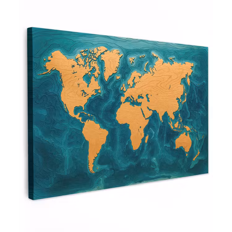 Wereldkaart - Houtsnede - Turkooisblauw canvas 2cm klein -z3d