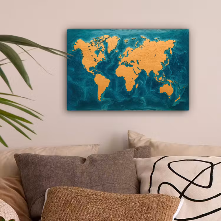 Wereldkaart - Houtsnede - Turkooisblauw canvas 2cm klein -sfeer1