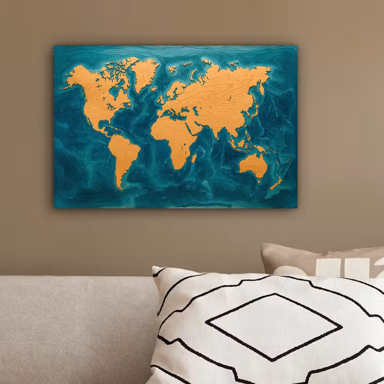 Wereldkaart - Houtsnede - Turkooisblauw canvas 2cm klein -sfeer3