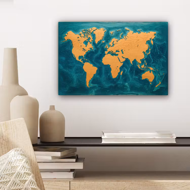 Wereldkaart - Houtsnede - Turkooisblauw canvas 2cm klein -sfeer6